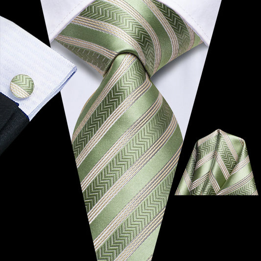 Sage Green & Gold Striped Silk Tie - Elegant Chevron Pattern Necktie Set tie sets - Sophisticated Gentlemen