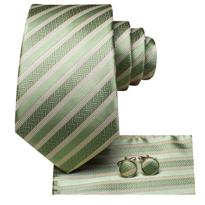 Sage Green & Gold Striped Silk Tie - Elegant Chevron Pattern Necktie Set tie sets - Sophisticated Gentlemen