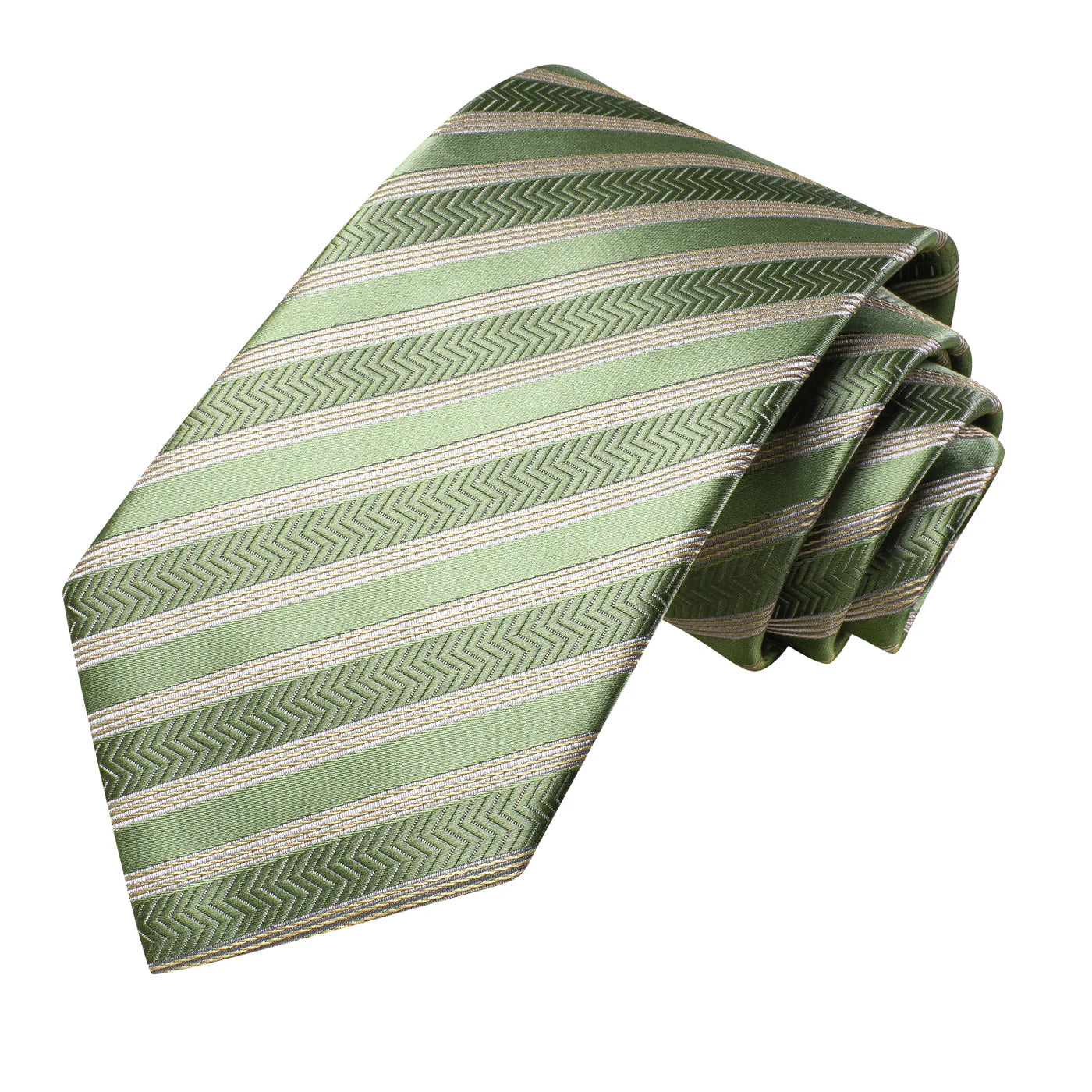 Sage Green & Gold Striped Silk Tie - Elegant Chevron Pattern Necktie Set tie sets - Sophisticated Gentlemen