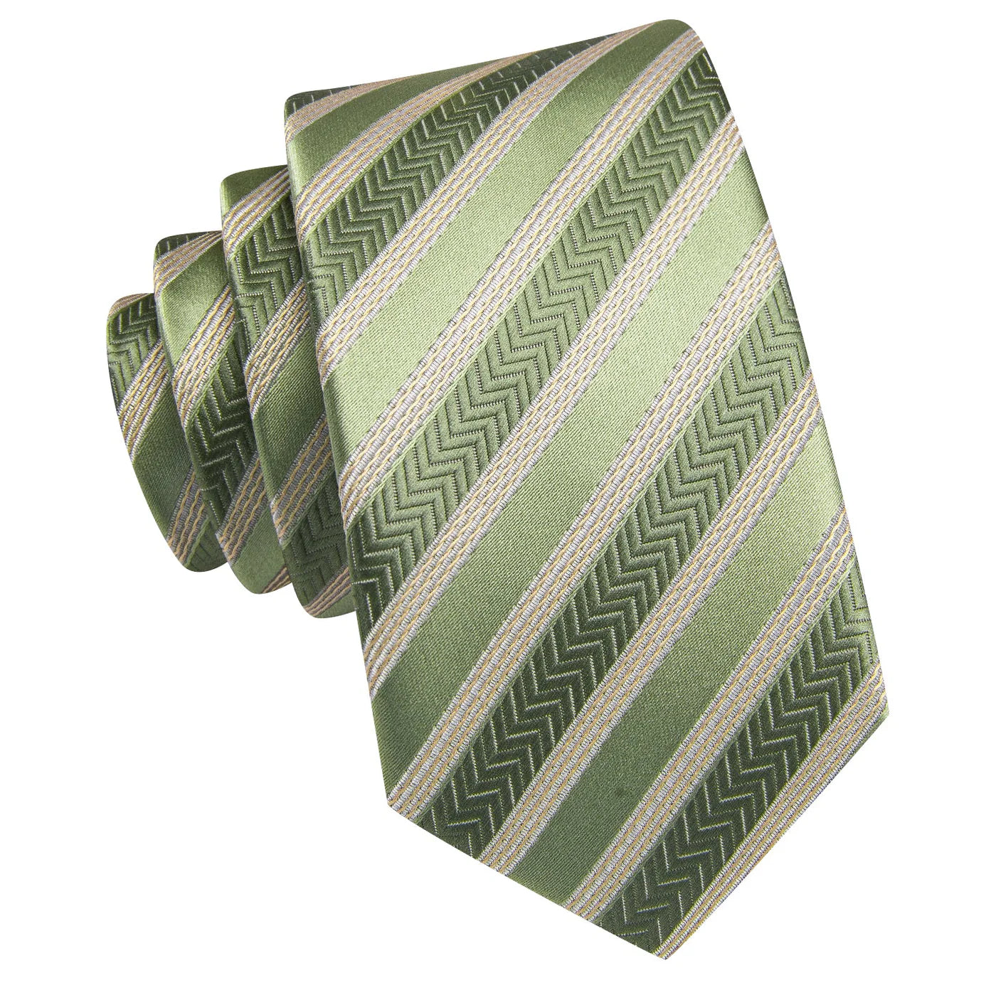 Sage Green & Gold Striped Silk Tie - Elegant Chevron Pattern Necktie Set tie sets - Sophisticated Gentlemen