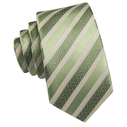 Sage Green & Gold Striped Silk Tie - Elegant Chevron Pattern Necktie Set tie sets - Sophisticated Gentlemen