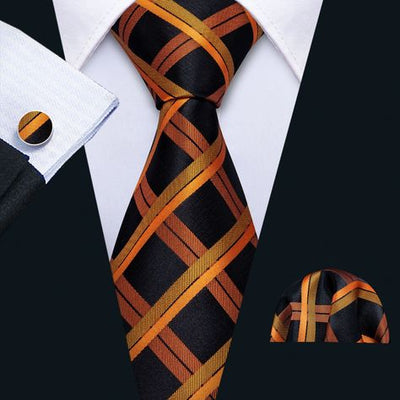 Orange and Black Plaid Tie, Pocket Square and Cufflinks Set tie sets - Sophisticated Gentlemen