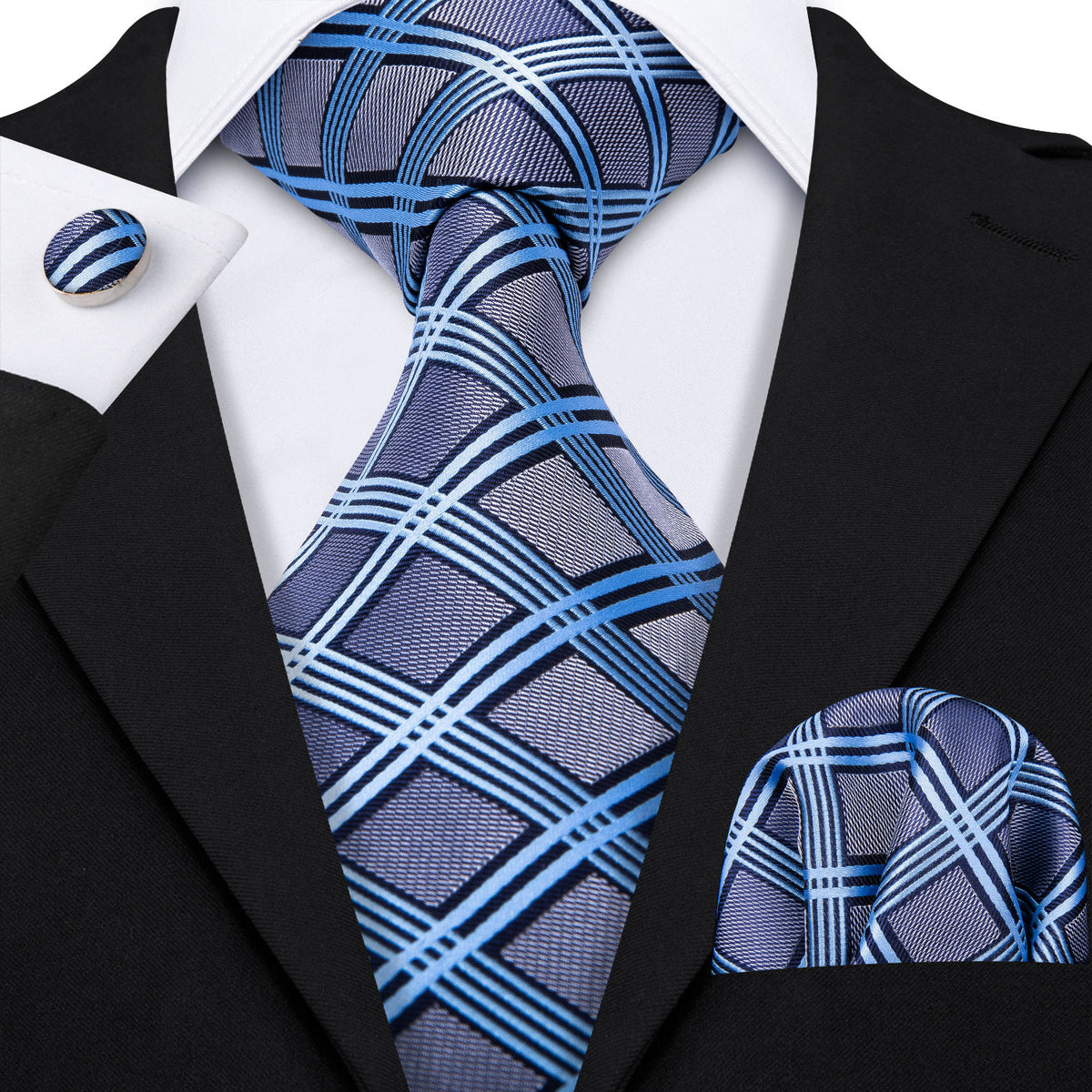Gray Blue Plaid Silk Tie, Pocket Square and Cufflinks Set tie sets    - Sophisticated Gentlemen
