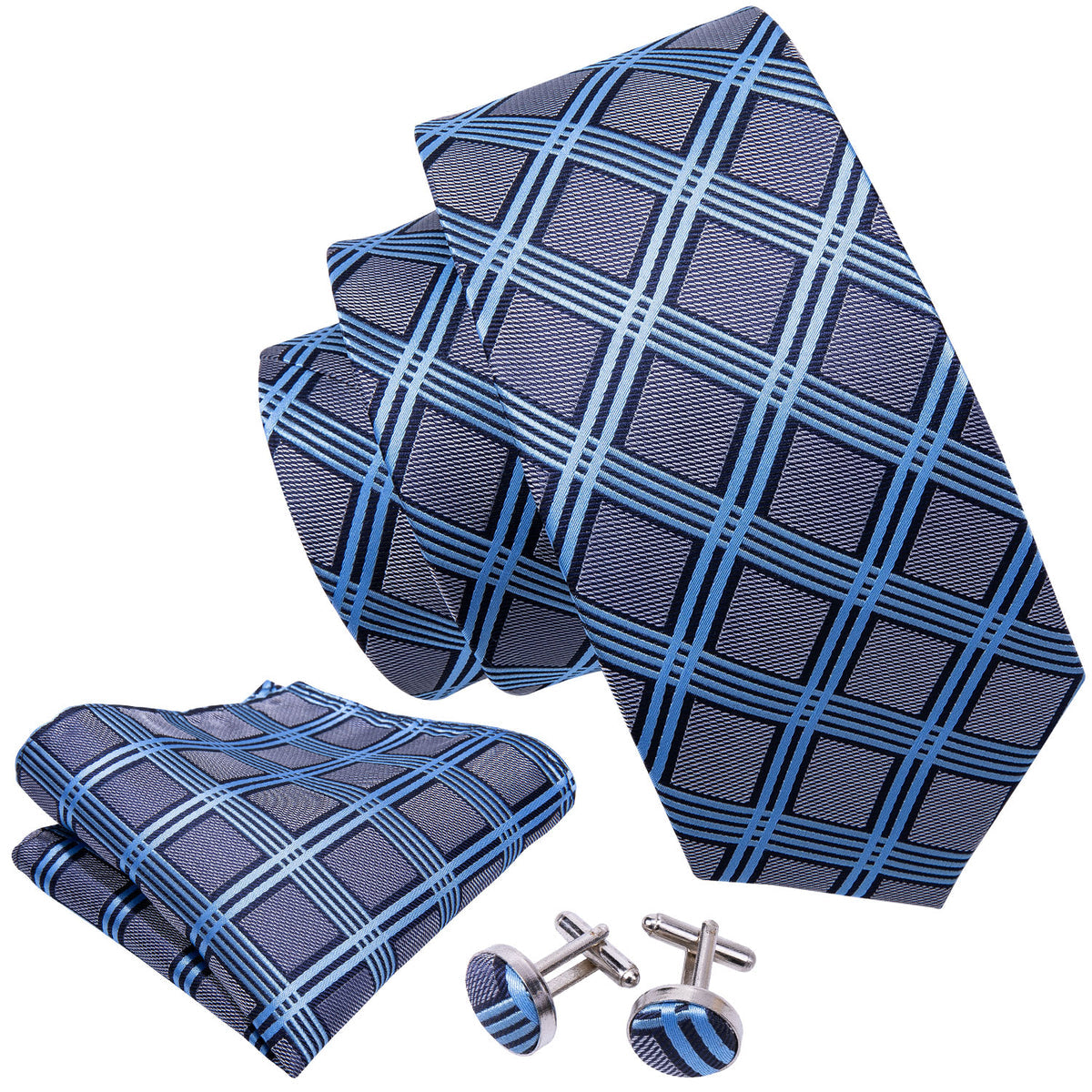 Gray Blue Plaid Silk Tie, Pocket Square and Cufflinks Set tie sets    - Sophisticated Gentlemen