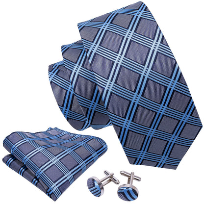 Gray Blue Plaid Silk Tie, Pocket Square and Cufflinks Set tie sets    - Sophisticated Gentlemen