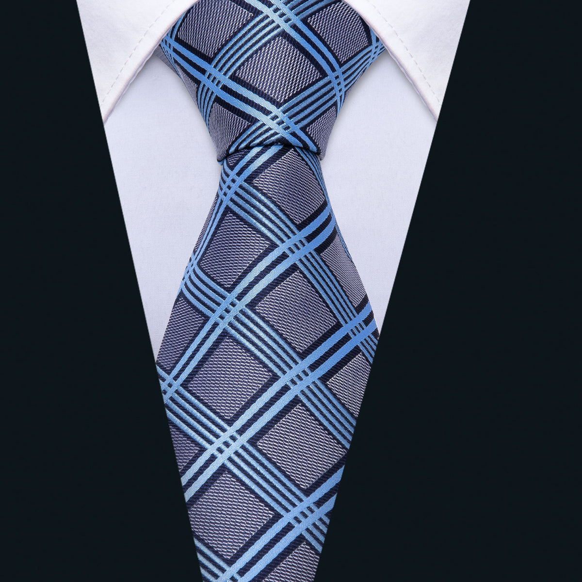 Gray Blue Plaid Silk Tie, Pocket Square and Cufflinks Set tie sets    - Sophisticated Gentlemen