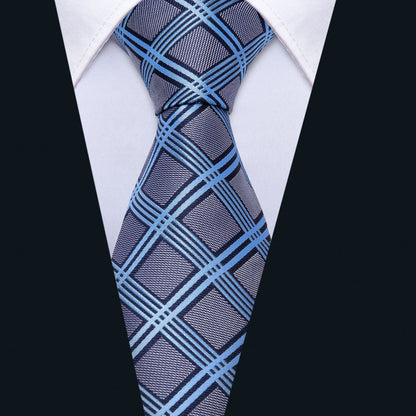 Gray Blue Plaid Silk Tie, Pocket Square and Cufflinks Set tie sets    - Sophisticated Gentlemen