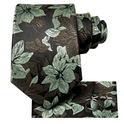 Coffee Brown and Sage Green Floral XL Tie, Pocket Square and Cufflinks tie sets    - Sophisticated Gentlemen