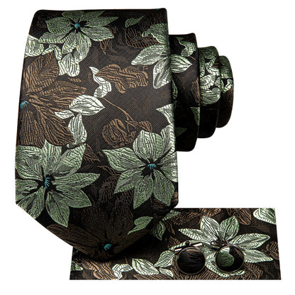 Coffee Brown and Sage Green Floral XL Tie, Pocket Square and Cufflinks tie sets    - Sophisticated Gentlemen