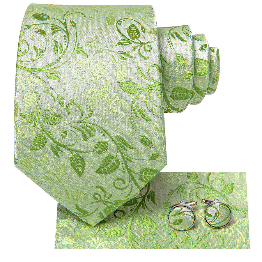 Lime Green Floral XL Tie, Pocket Square and Cufflinks tie sets    - Sophisticated Gentlemen