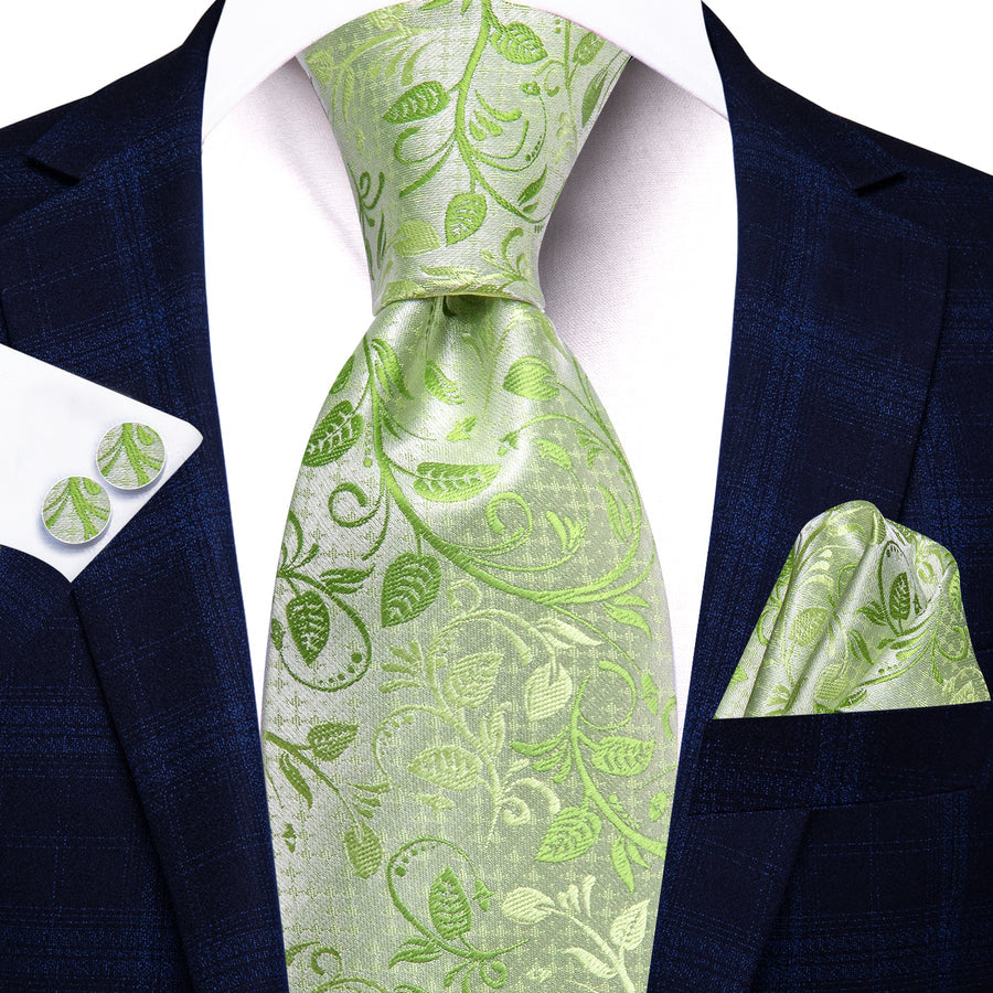 Lime Green Floral XL Tie, Pocket Square and Cufflinks tie sets    - Sophisticated Gentlemen