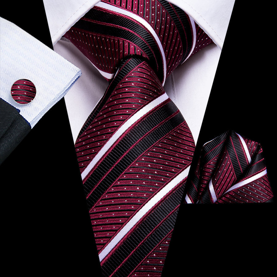Burgundy, Black and White Striped XL Tie, Pocket Square and Cufflinks tie sets    - Sophisticated Gentlemen
