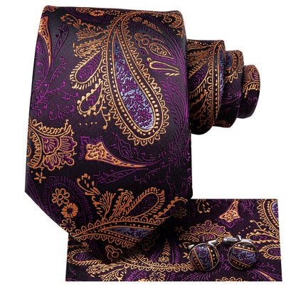 Purple and Brown Paisley XL Tie, Pocket Square and Cufflinks tie sets    - Sophisticated Gentlemen