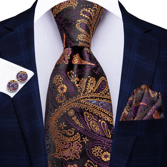 Purple and Brown Paisley XL Tie, Pocket Square and Cufflinks tie sets    - Sophisticated Gentlemen