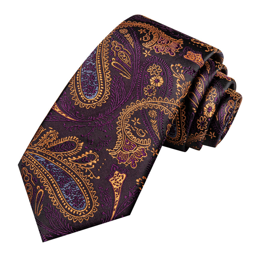 Purple and Brown Paisley XL Tie, Pocket Square and Cufflinks tie sets    - Sophisticated Gentlemen