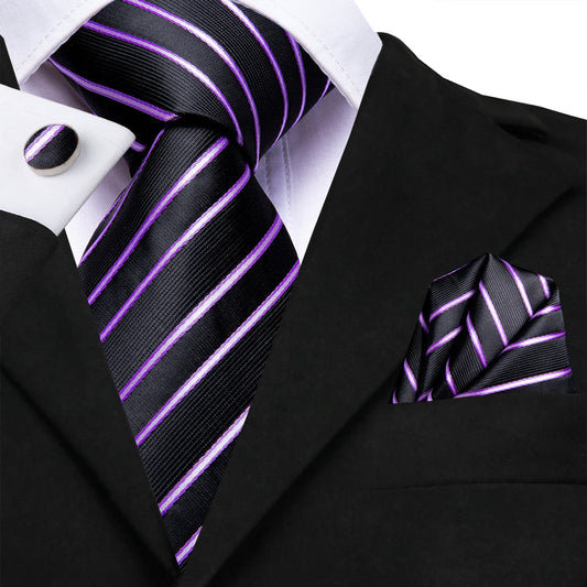 Black and Purple Striped XL Tie, Pocket Square and Cufflinks tie sets    - Sophisticated Gentlemen
