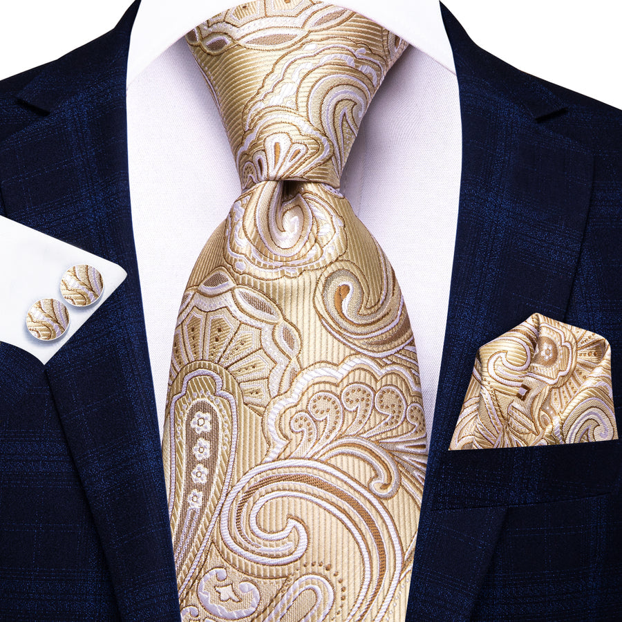 Cream White and Brown Floral XL Tie, Pocket Square and Cufflinks tie sets    - Sophisticated Gentlemen