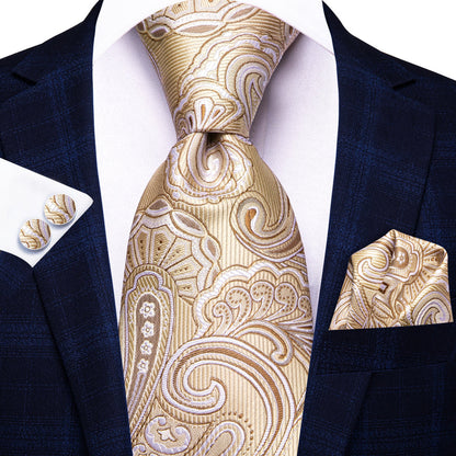 Cream White and Brown Floral XL Tie, Pocket Square and Cufflinks tie sets    - Sophisticated Gentlemen