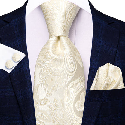 Linen White Paisley XL Tie, Pocket Square and Cufflinks tie sets    - Sophisticated Gentlemen