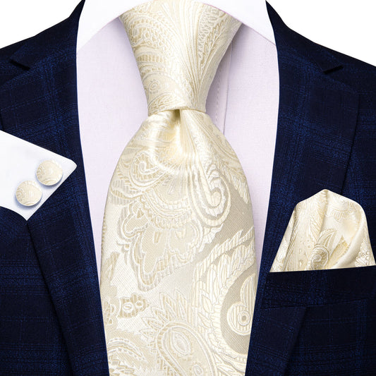 Linen White Paisley XL Tie, Pocket Square and Cufflinks tie sets    - Sophisticated Gentlemen
