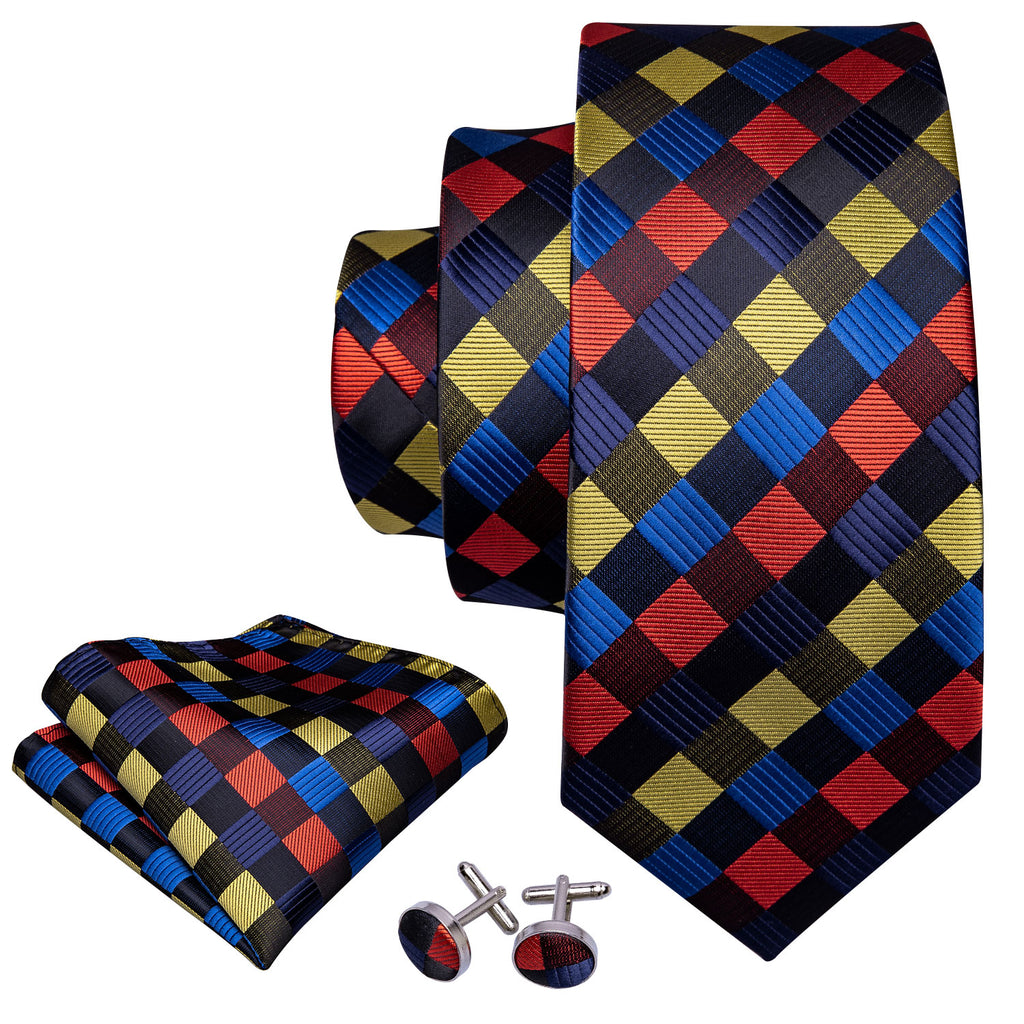 Red Yellow Blue Plaid Tie, Pocket Square and Cufflinks Set tie sets    - Sophisticated Gentlemen