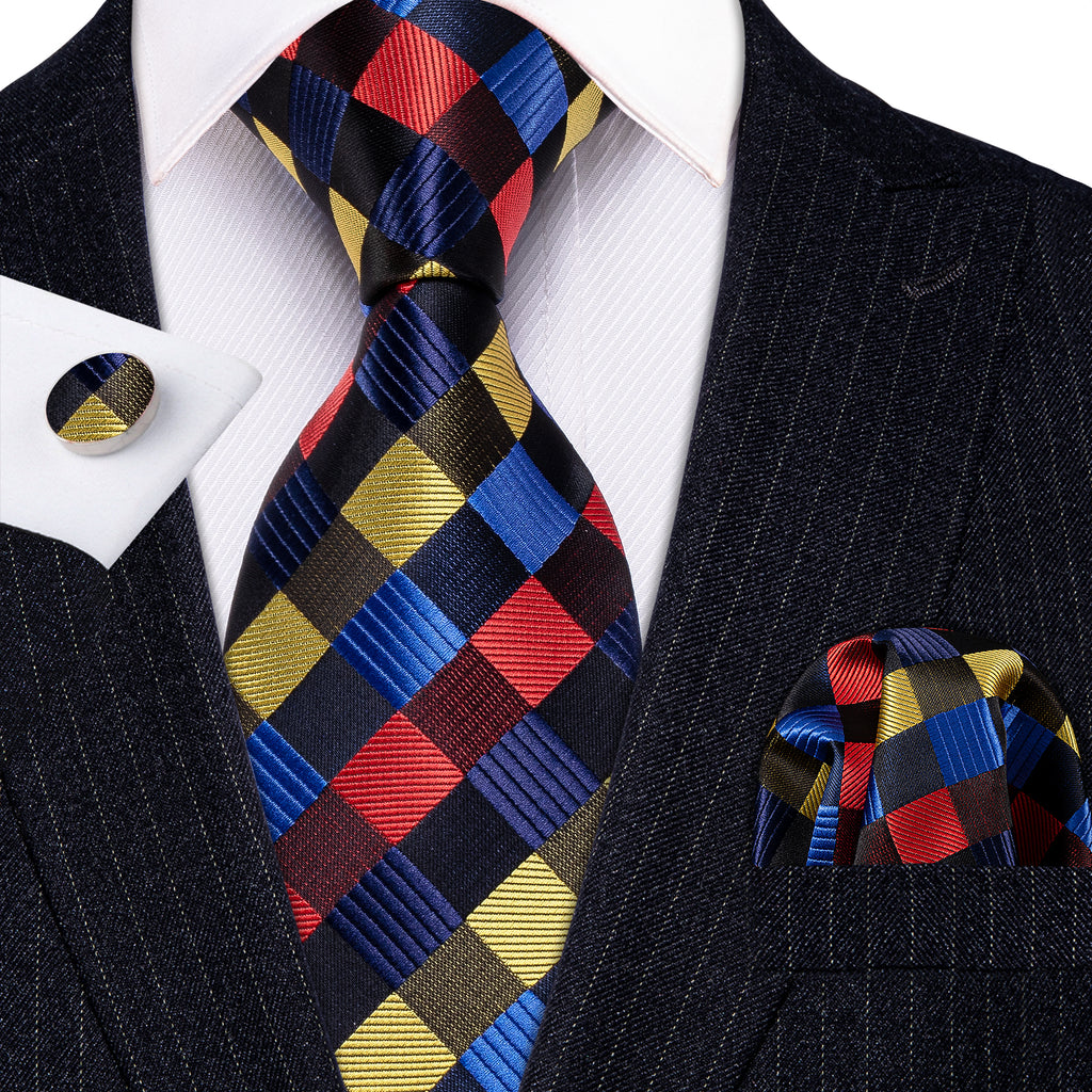 Red Yellow Blue Plaid Tie, Pocket Square and Cufflinks Set tie sets    - Sophisticated Gentlemen
