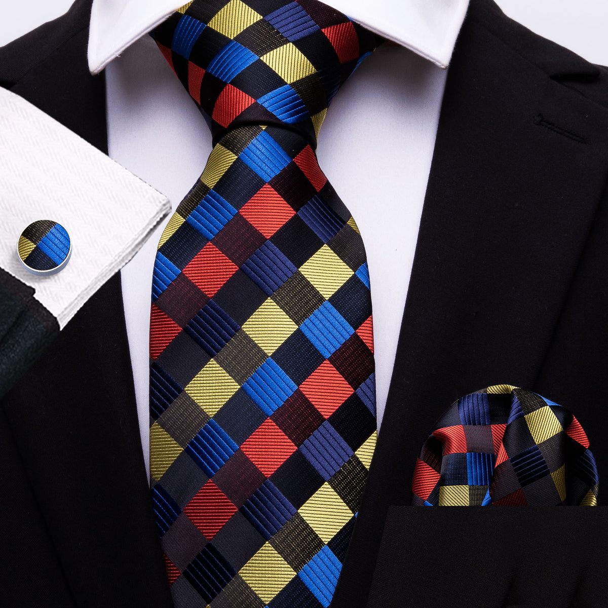 Red Yellow Blue Plaid Tie, Pocket Square and Cufflinks Set tie sets    - Sophisticated Gentlemen