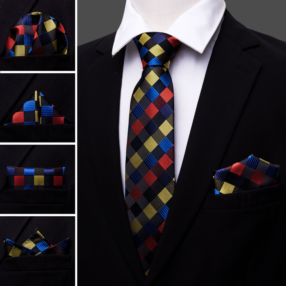 Red Yellow Blue Plaid Tie, Pocket Square and Cufflinks Set tie sets    - Sophisticated Gentlemen