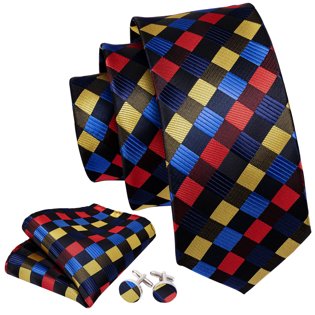 Red Yellow Blue Plaid Tie, Pocket Square and Cufflinks Set tie sets    - Sophisticated Gentlemen