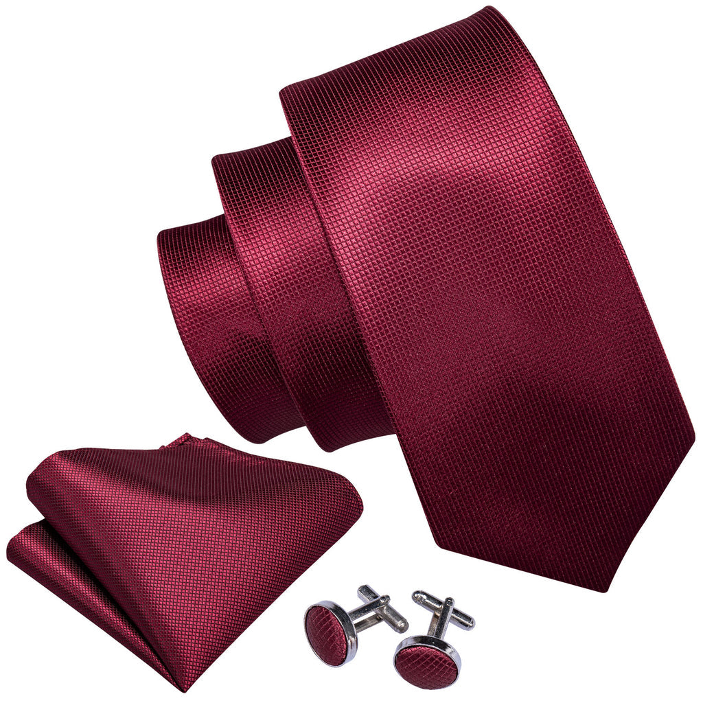 Burgundy Red Solid Silk Tie, Pocket Square and Cufflinks Set tie sets    - Sophisticated Gentlemen