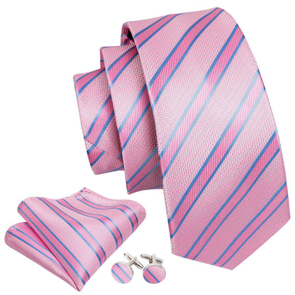 Pink Solid Blue Striped Silk Tie, Pocket Square and Cufflinks Set tie sets    - Sophisticated Gentlemen