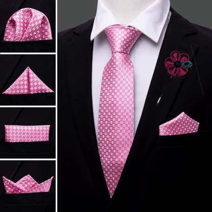 Pink Plaid Silk Tie, Pocket Square and Cufflinks Set tie sets    - Sophisticated Gentlemen