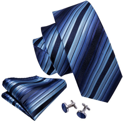 Blue Black Striped Tie, Pocket Square and Cufflinks Set tie sets    - Sophisticated Gentlemen