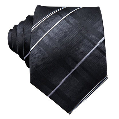 Black Silver Gray Striped Silk Tie, Pocket Square and Cufflinks Set tie sets    - Sophisticated Gentlemen
