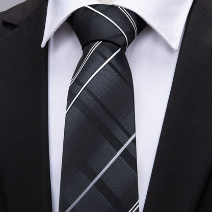 Black Silver Gray Striped Silk Tie, Pocket Square and Cufflinks Set tie sets    - Sophisticated Gentlemen