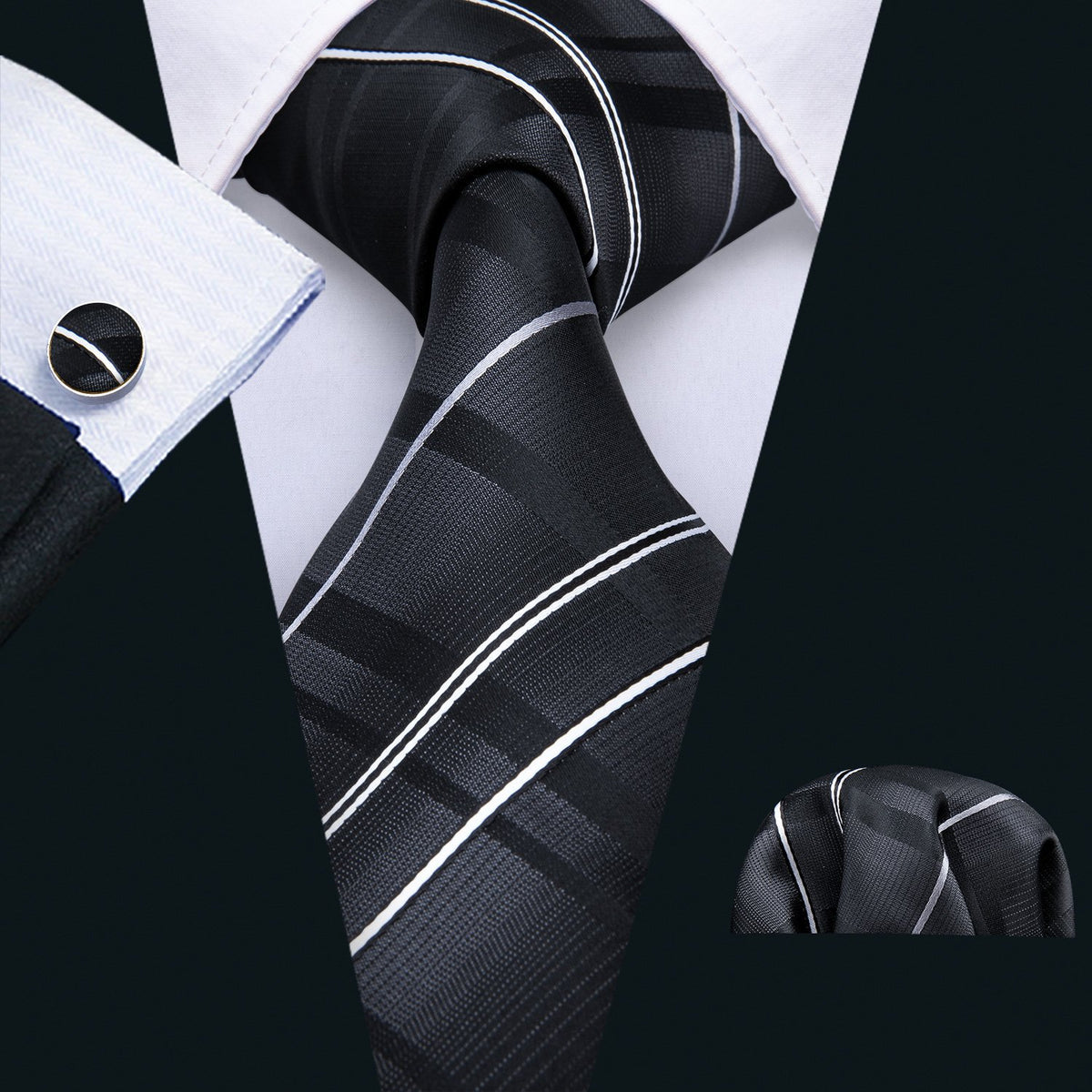 Black Silver Gray Striped Silk Tie, Pocket Square and Cufflinks Set tie sets    - Sophisticated Gentlemen