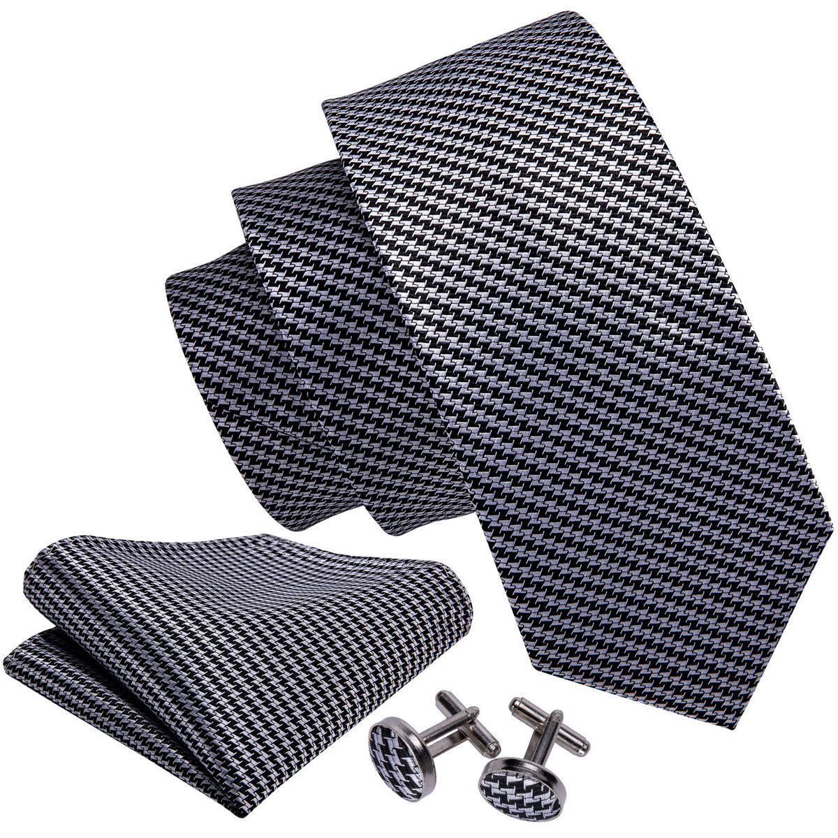 Timeless Houndstooth Silk Tie Set with Pocket Square and Cufflinks tie sets - Sophisticated Gentlemen