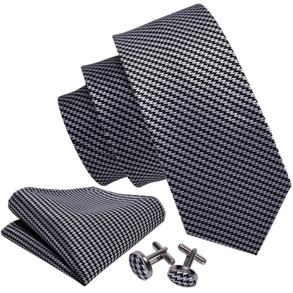 Timeless Houndstooth Silk Tie Set with Pocket Square and Cufflinks tie sets - Sophisticated Gentlemen