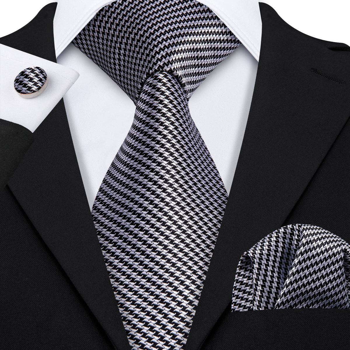 Timeless Houndstooth Silk Tie Set with Pocket Square and Cufflinks tie sets - Sophisticated Gentlemen
