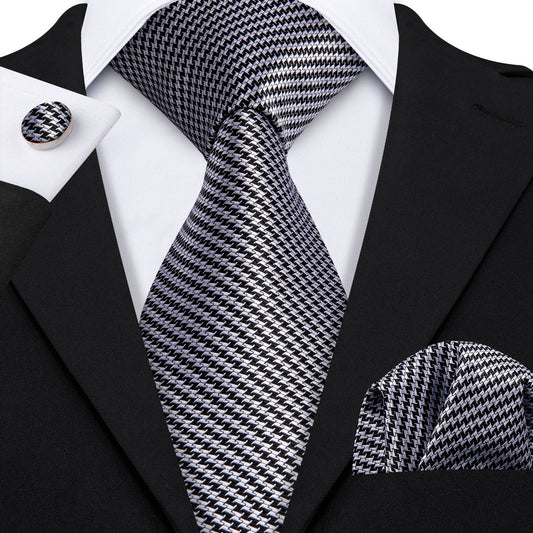Timeless Houndstooth Silk Tie Set with Pocket Square and Cufflinks tie sets - Sophisticated Gentlemen