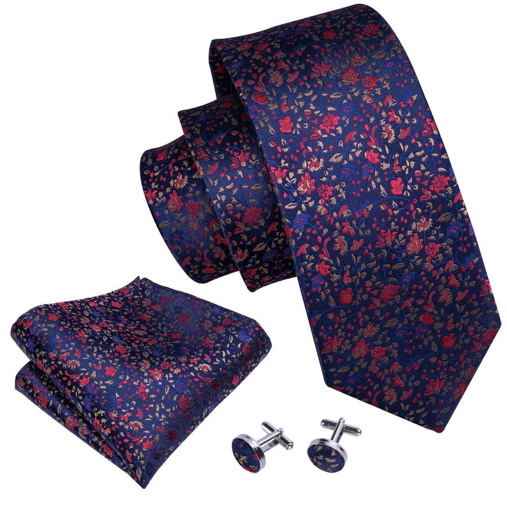 Navy Blue Floral Silk Tie, Pocket Square and Cufflinks Set tie sets    - Sophisticated Gentlemen