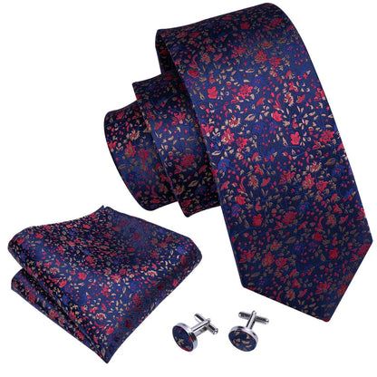 Navy Blue Floral Silk Tie, Pocket Square and Cufflinks Set tie sets    - Sophisticated Gentlemen