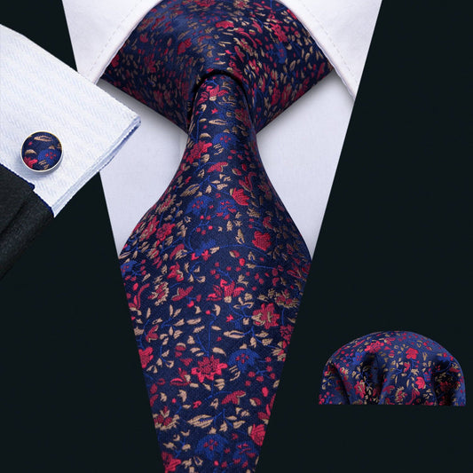 Navy Blue Floral Silk Tie, Pocket Square and Cufflinks Set tie sets    - Sophisticated Gentlemen
