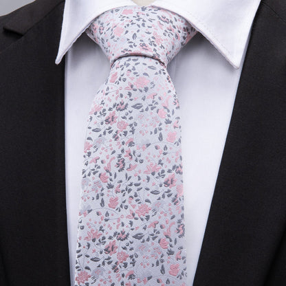 Pink White Floral Silk Tie, Pocket Square and Cufflinks Set tie sets    - Sophisticated Gentlemen