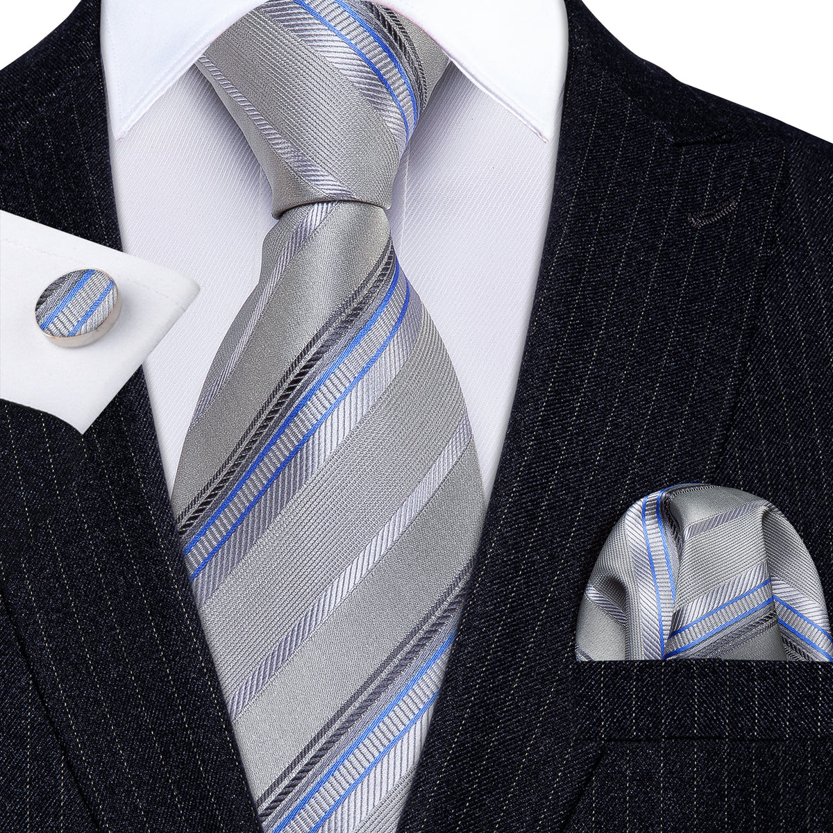 Light Gray Silver Stripe Fabric Tie, Pocket Square and Cufflinks Set tie sets    - Sophisticated Gentlemen
