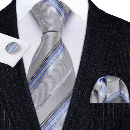 Light Gray Silver Stripe Fabric Tie, Pocket Square and Cufflinks Set tie sets    - Sophisticated Gentlemen
