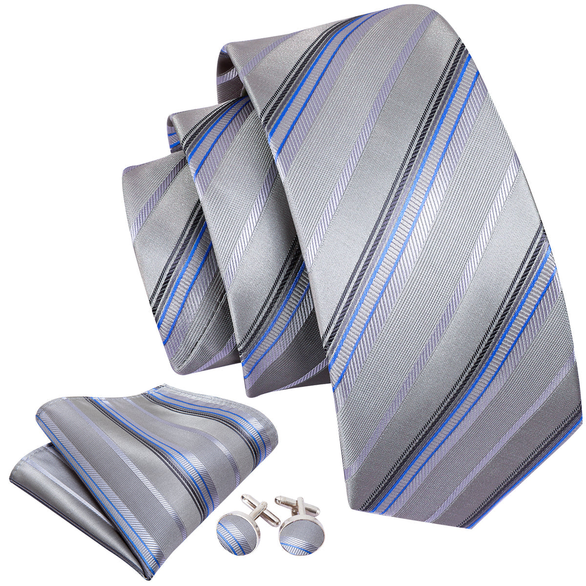 Light Gray Silver Stripe Fabric Tie, Pocket Square and Cufflinks Set tie sets    - Sophisticated Gentlemen