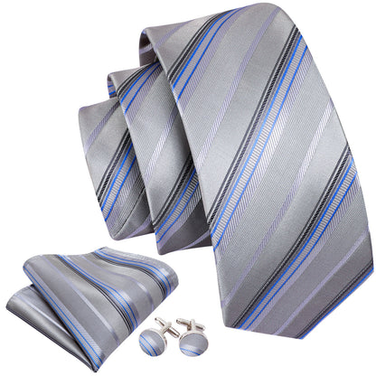 Light Gray Silver Stripe Fabric Tie, Pocket Square and Cufflinks Set tie sets    - Sophisticated Gentlemen