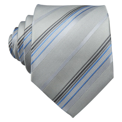 Light Gray Silver Stripe Fabric Tie, Pocket Square and Cufflinks Set tie sets    - Sophisticated Gentlemen