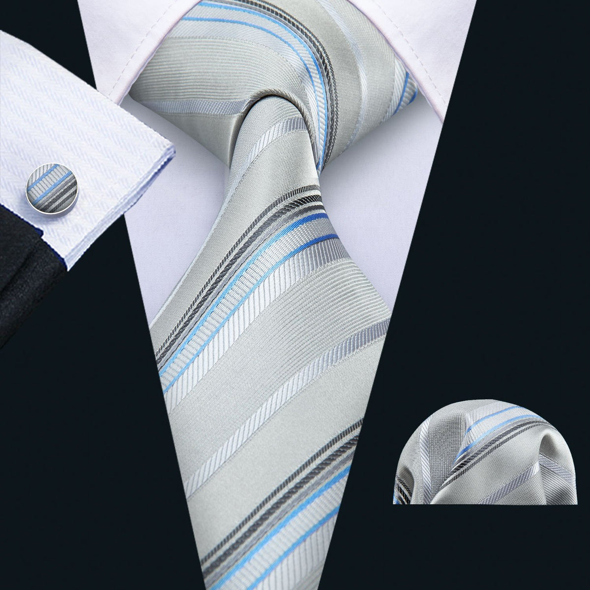 Light Gray Silver Stripe Fabric Tie, Pocket Square and Cufflinks Set tie sets    - Sophisticated Gentlemen
